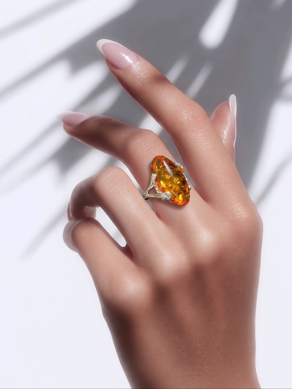 925 Sterling Silver Amber Ring Size 7.5 Natural Stone